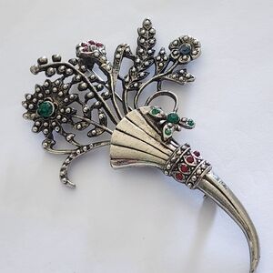 Vintage Fashion Jewelry Silver Tone Brooch with Red and Green Rhinestones